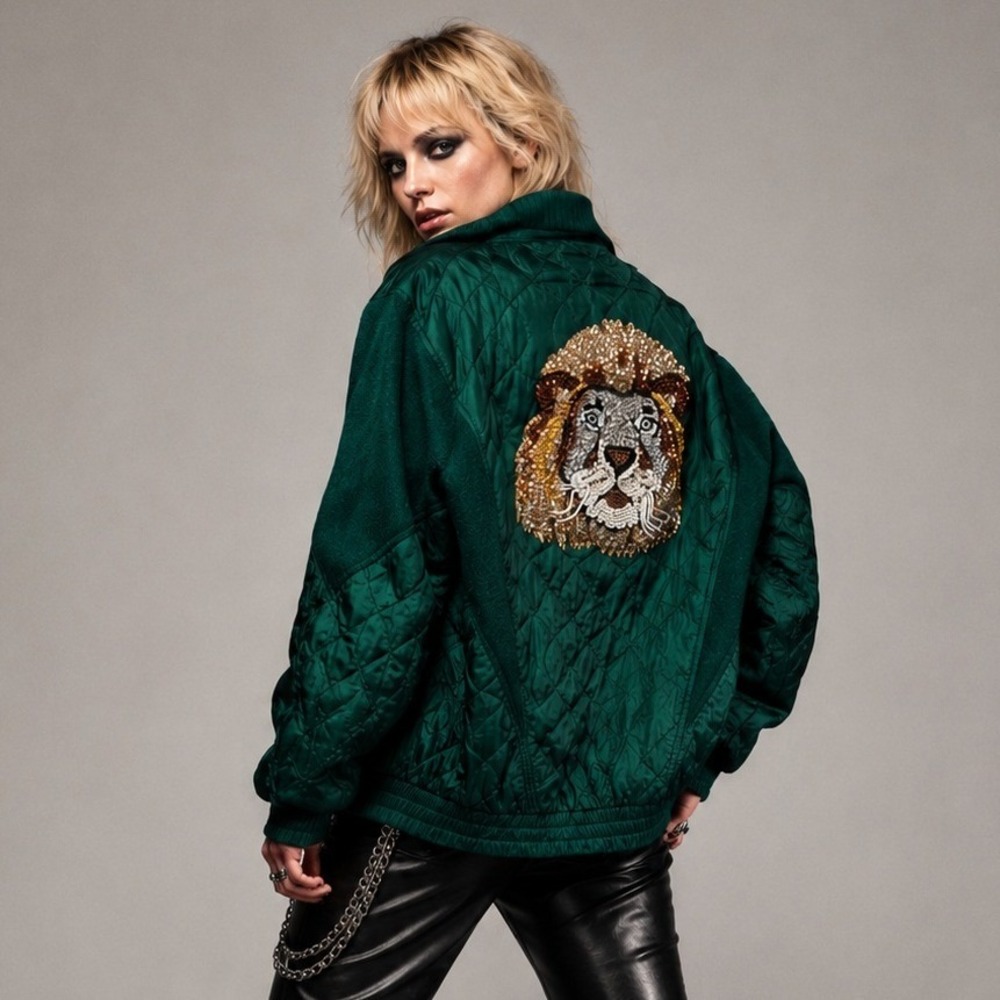 Vintage 90s Janeve Sequin Lion Quilted Silk Bomber Jacket M